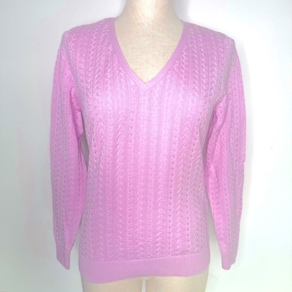 Talbots Pink Purple V-Neck Sweater Pima Cotton Cable Knit Medium
